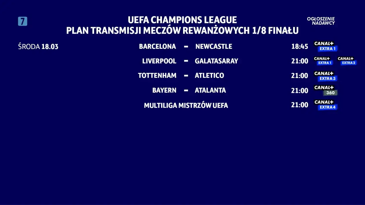Plan transmisji rewanżowych meczów 1/8 finału Ligi Mistrzów UEFA. Sprawdź, o której mecz ligi mistrzów: Barcelona - Newcastle o 18:45, a pozostałe o 21:00.