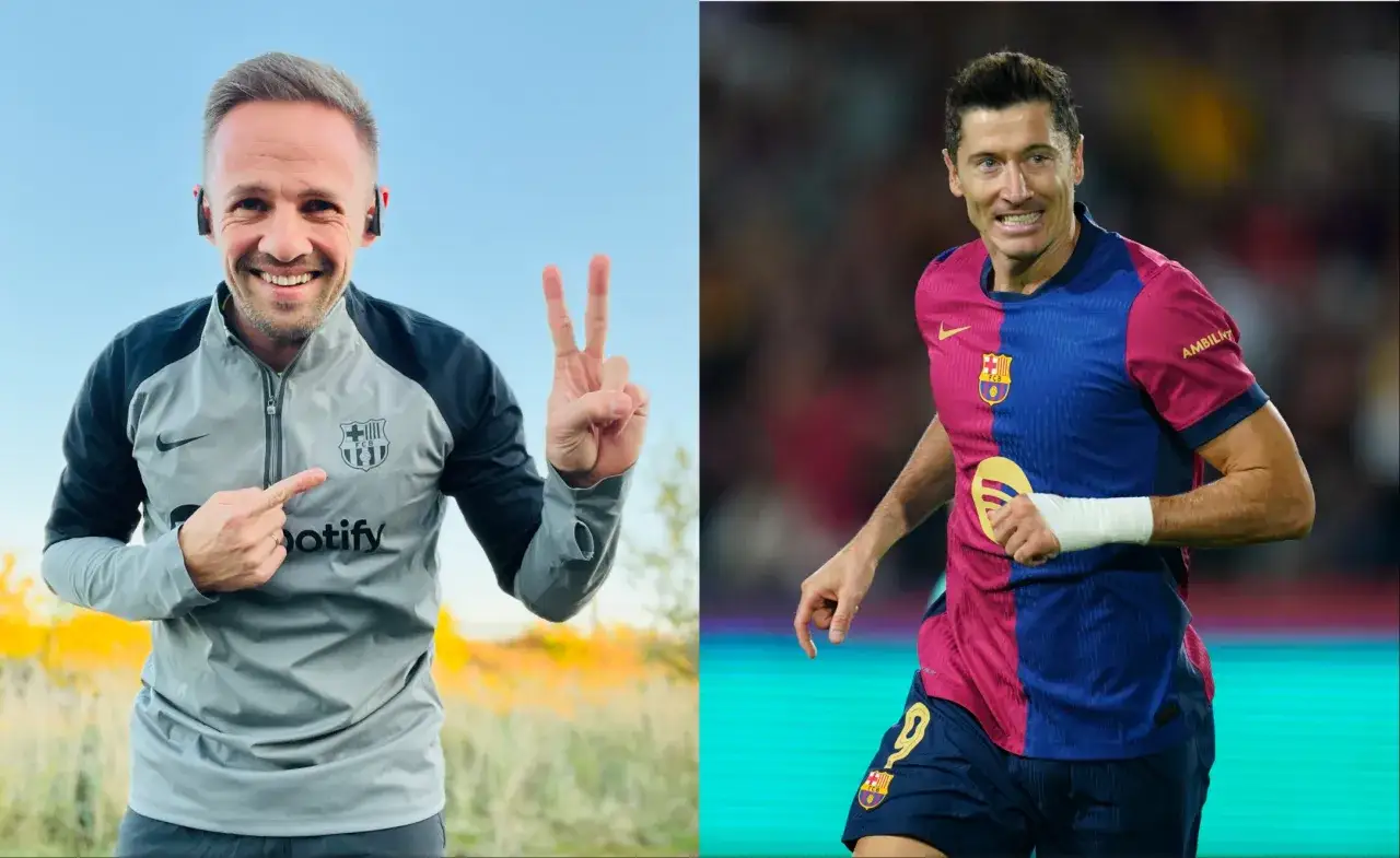 Robert Lewandowski w koszulce Barcelony, z opaską na ręce. Obok mężczyzna w kurtce z logo FCB, wskazujący palcem. Ile języków zna Robert Lewandowski?