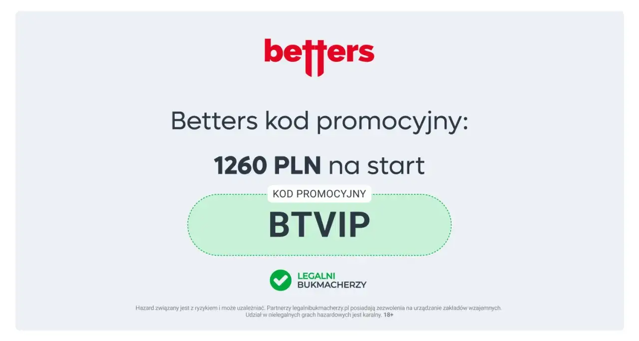 Betters kod promocyjny BTVIP daje 1260 PLN na start. Zdobądź bonus i zacznij grę!