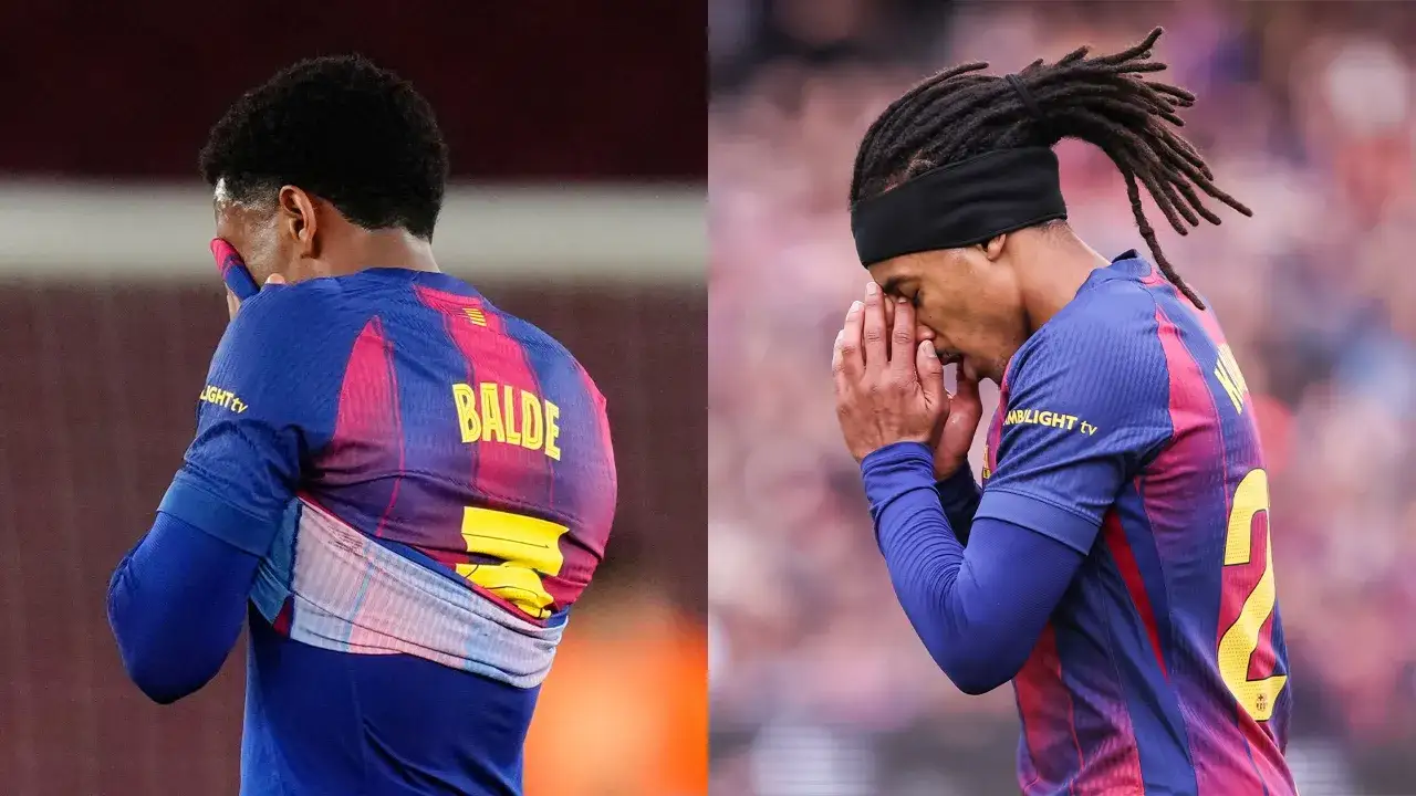 Balde z FC Barcelona w rozpaczy, być może z powodu kontuzji. Dwa ujęcia piłkarza w niebiesko-bordowej koszulce.