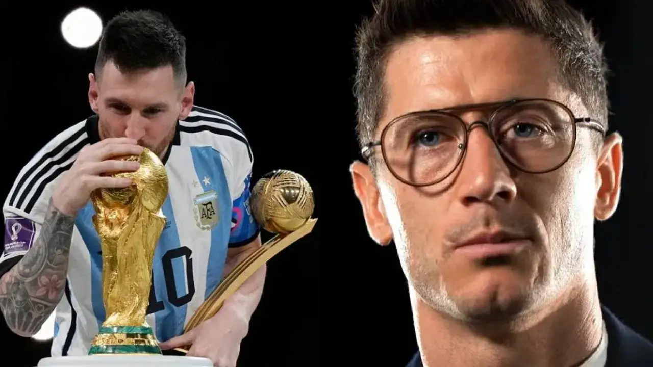 Lionel Messi całuje Puchar Świata, obok Robert Lewandowski w okularach.