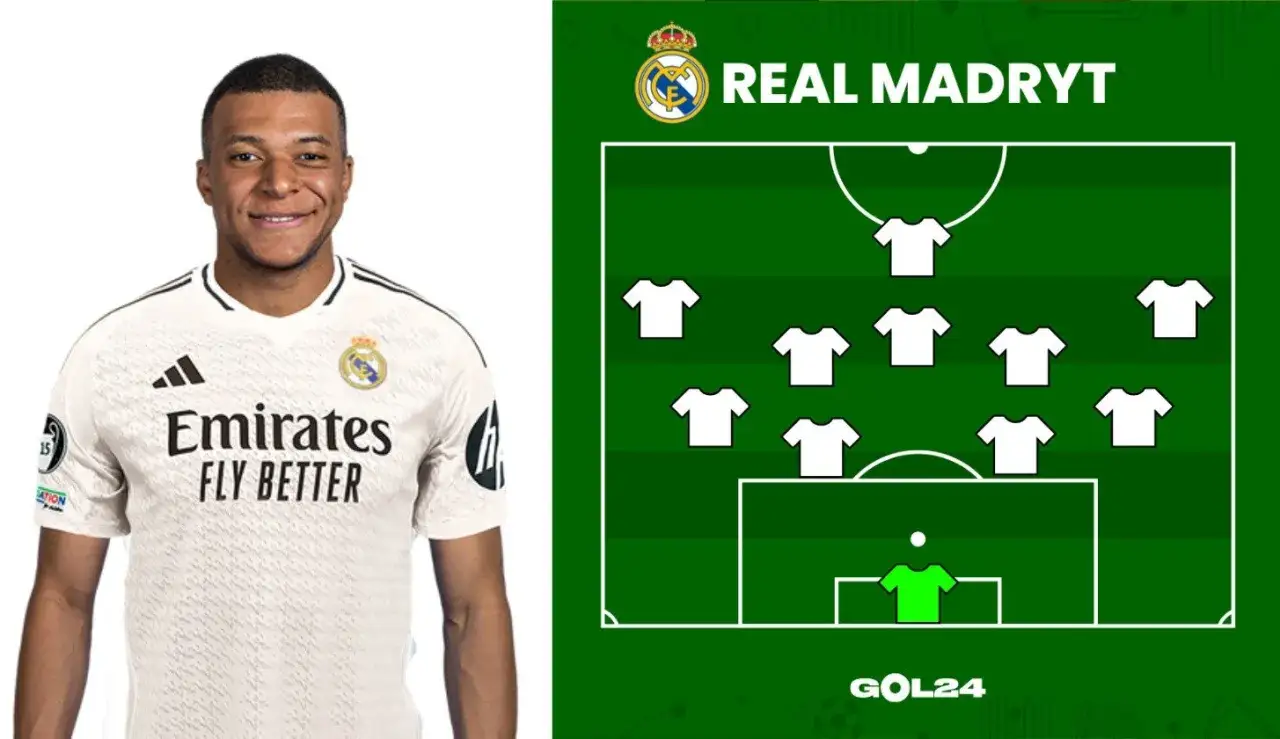 Mbappé w koszulce Realu Madryt obok schematu taktycznego. Piłkarze Realu Madryt gotowi do gry.