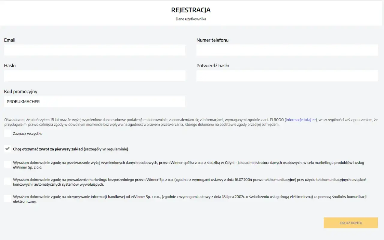 Formularz rejestracyjny z polem na e-mail, hasło, numer telefonu, potwierdzenie hasła i kod promocyjny ewinner kod promocyjny PROBUKMACHER. Zgody marketingowe i RODO.