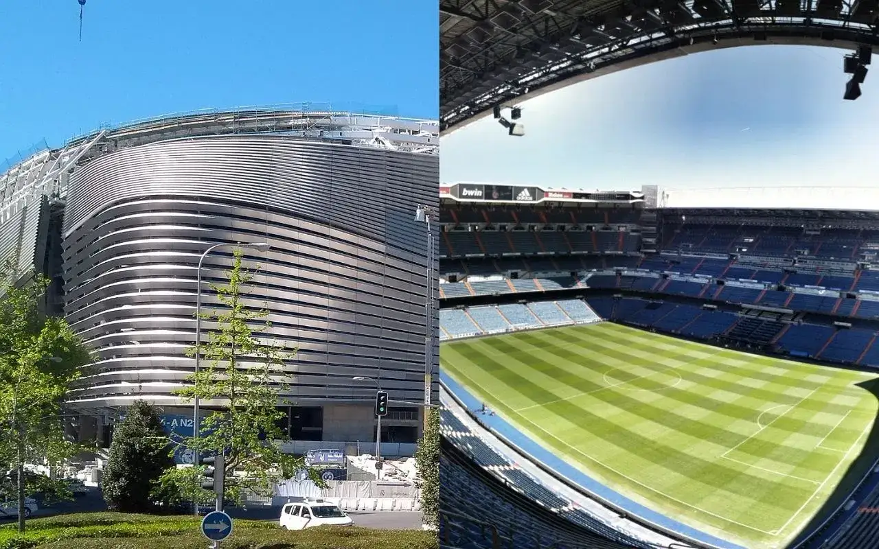 Stadion w Madrycie w trakcie modernizacji. Widok z zewnątrz i z trybun na zieloną murawę.