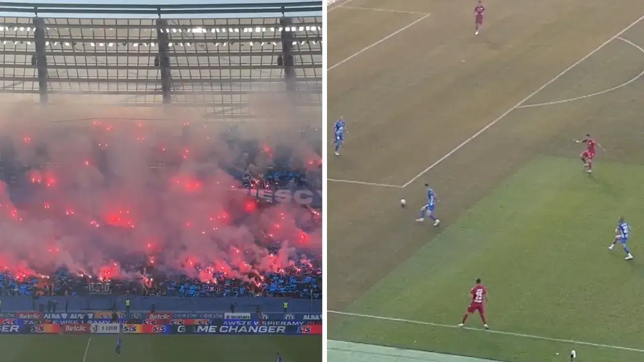 Chorzów kibice odpalają race, tworząc dymne widowisko. Na boisku trwa mecz, przebieg: Ruch Chorzów – Wisła Kraków.