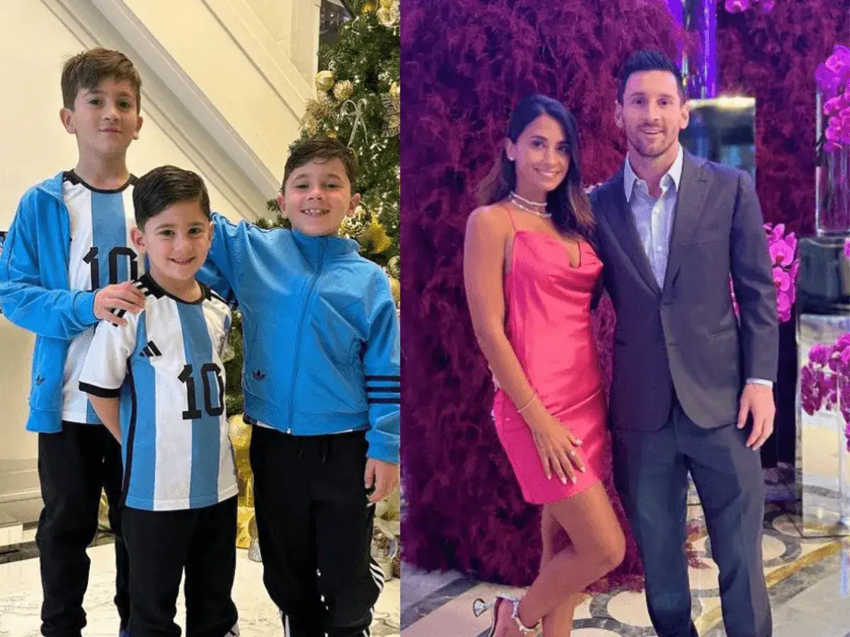 Trzech synów Messiego, w tym Thiago, w strojach piłkarskich. Obok Leo Messi z żoną Antonelą.