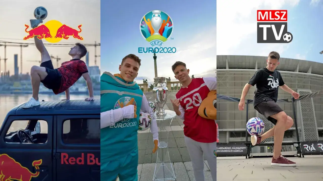 Jeremy Lynch, mistrz żonglerki piłką, prezentuje swoje umiejętności przy trofeum Euro 2020 i na tle stadionu.