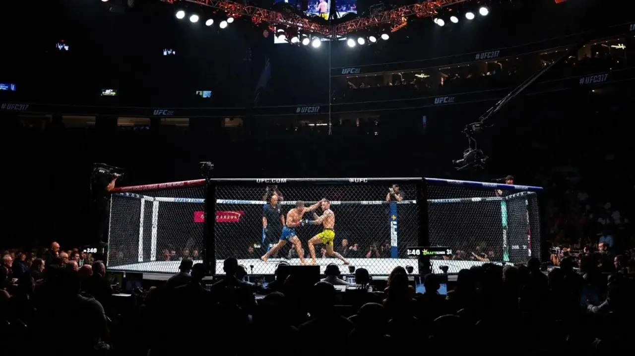 Dwóch zawodników walczy w oktagonie UFC, podczas gdy tłum obserwuje. To właśnie co to UFC – emocjonujące walki MMA.