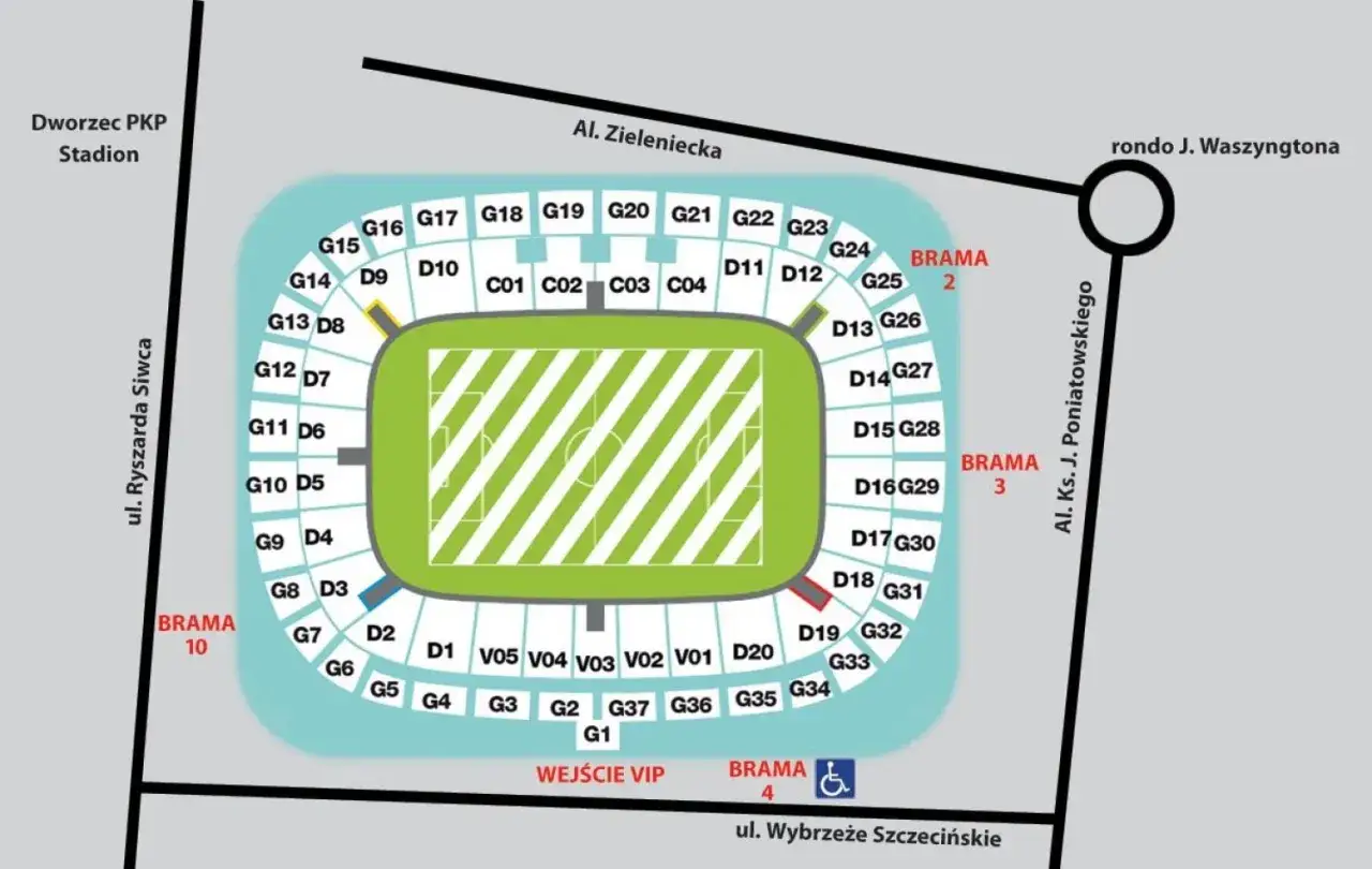 Schemat stadionu narodowego z podziałem na sektory i bramy. Widoczna jest pojemność stadionu, zaznaczona numerami miejsc.