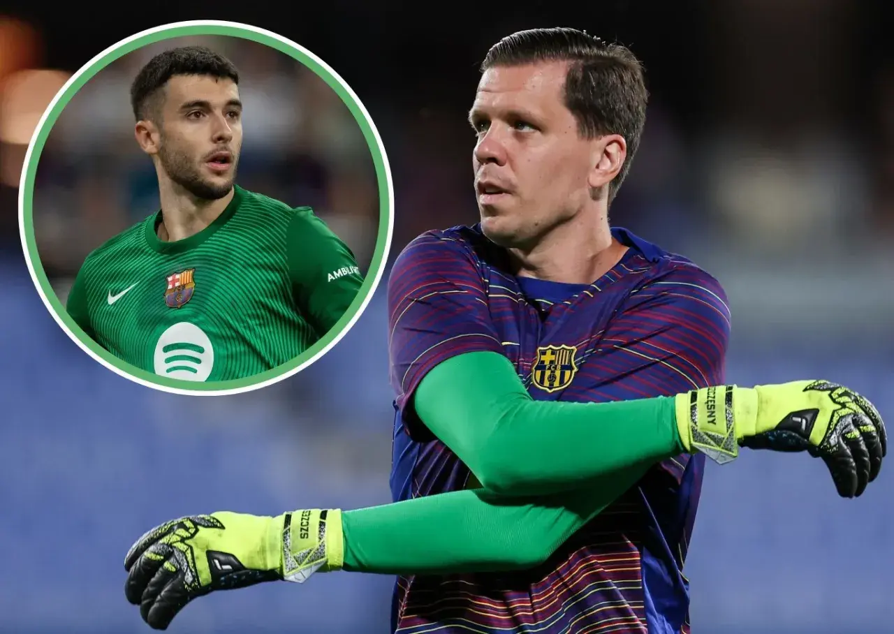Dwóch bramkarzy Barcelony: Ter Stegen w zielonej koszulce i Szczęsny w stroju treningowym, rozciągający się przed meczem.